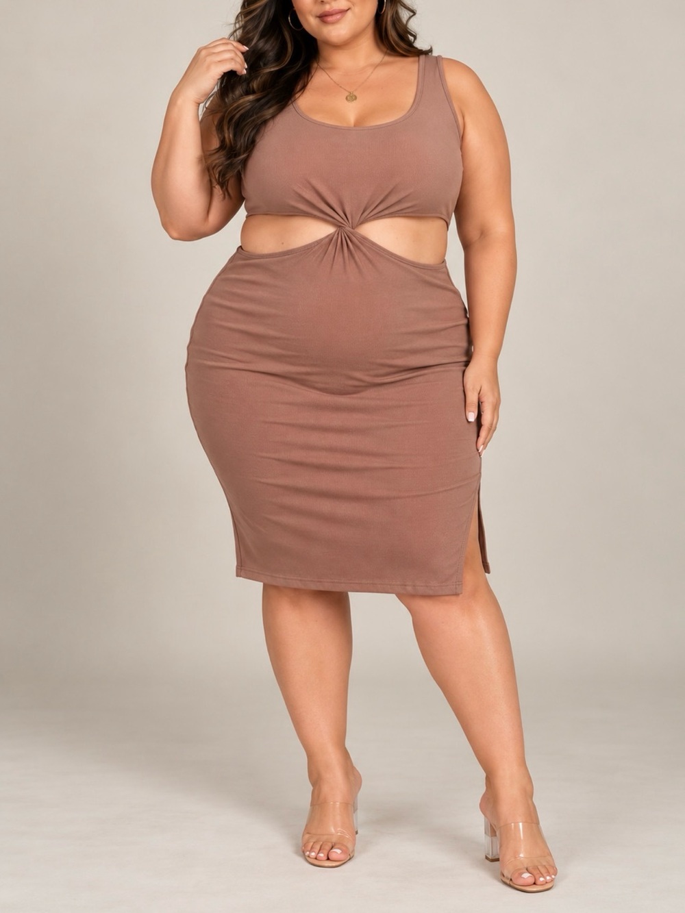 Brown Twist Cutout Midi Dress